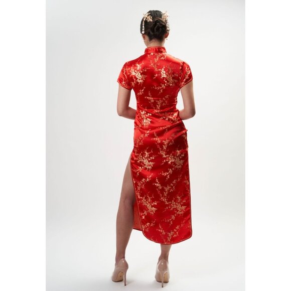Vintage Y2K 90s DiYuange Red Satin Gold Floral Embroidered Cheongsam Qipao Dress - Picture 8 of 16